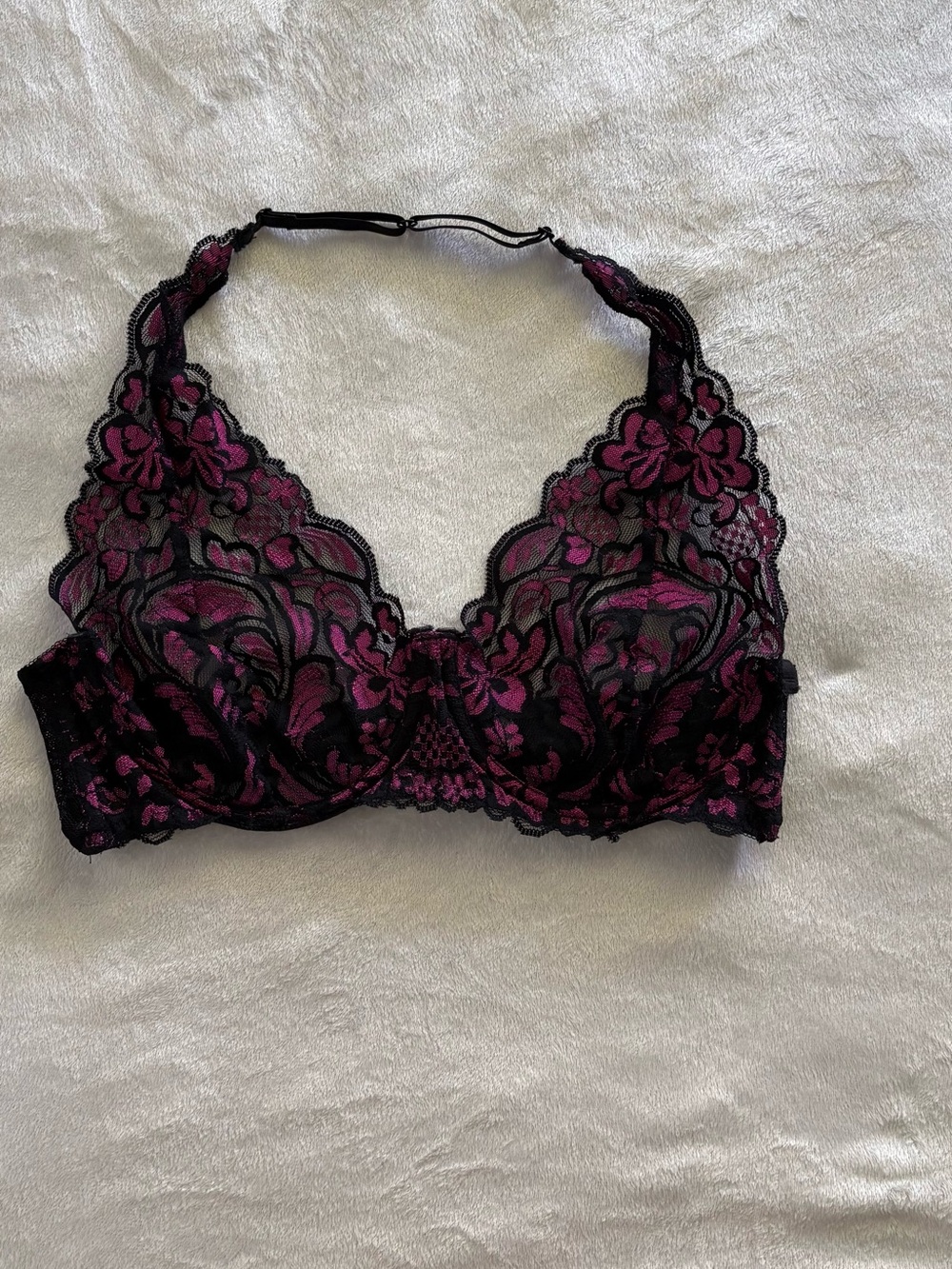 Frederick's of Hollywood Black Lace Bralette with Magenta‎ Floral Embroidery